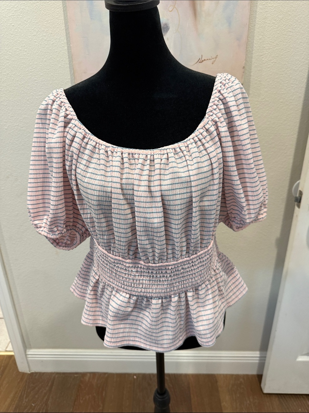 NSR Pink Striped Smocked Peplum Blouse